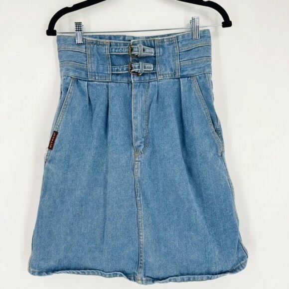 Vintage 80s Gitano Double Belted Denim Skirt Size 11/12 Made in Hong Kong - Picture 2 of 11